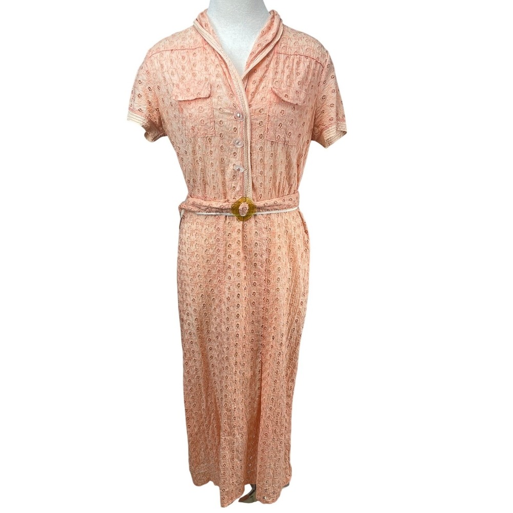 Vintage Womens (M/L) 50s Peach Eyelet Dress Boho Prairie‎ Buttons Western Sheer